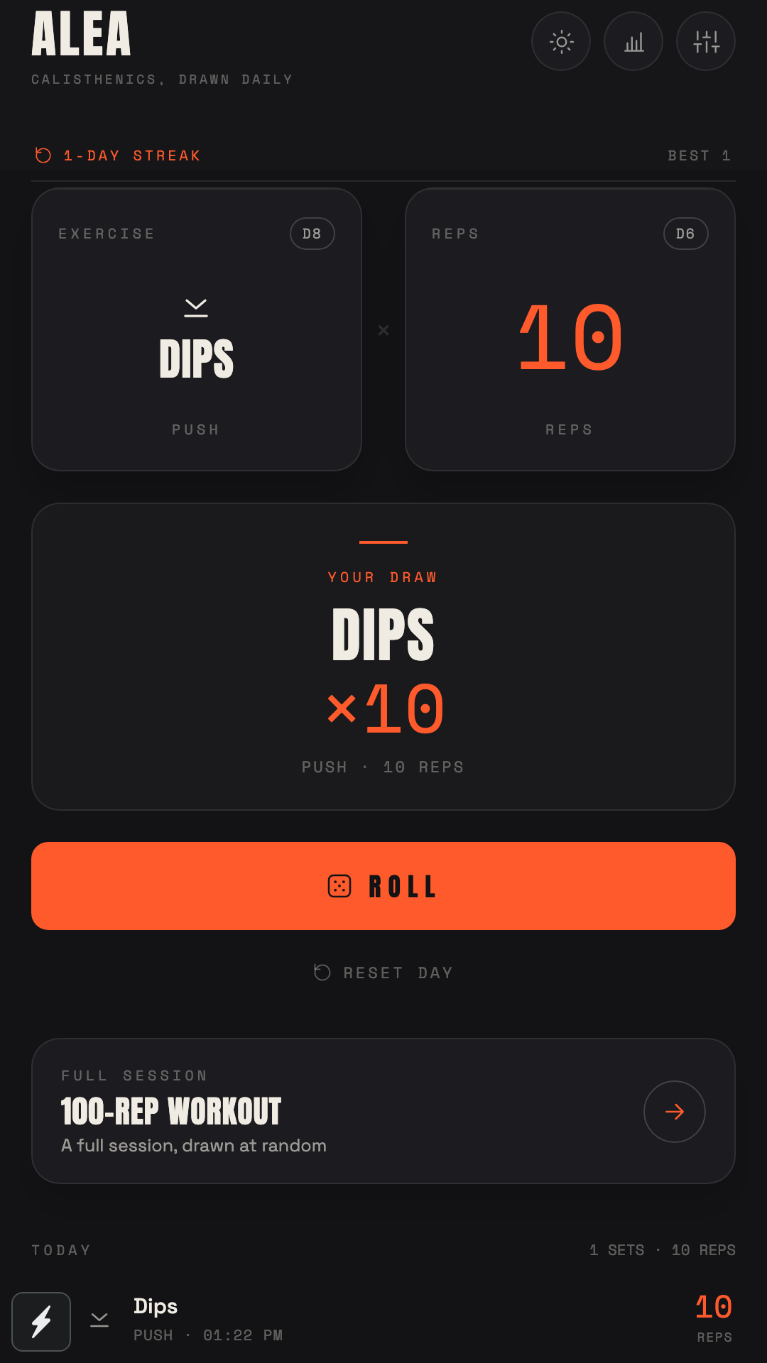 The Alea home screen showing a roll result: Dips ×10, with a big orange Roll button and a 1-day streak.